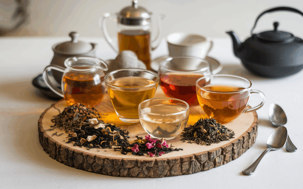 hojas de té a granel y tazas de té